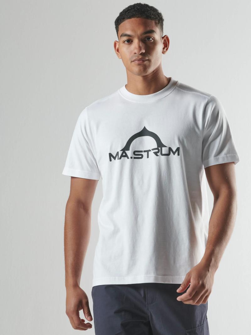 White MA.Strum Bora half compass print T-shirt with black graphic design on front, casual style, short sleeves, and round neckline.