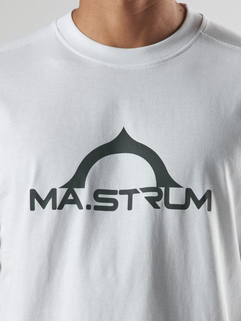 White MA.Strum Bora half compass print T-shirt showing front view with graphic design on the chest.