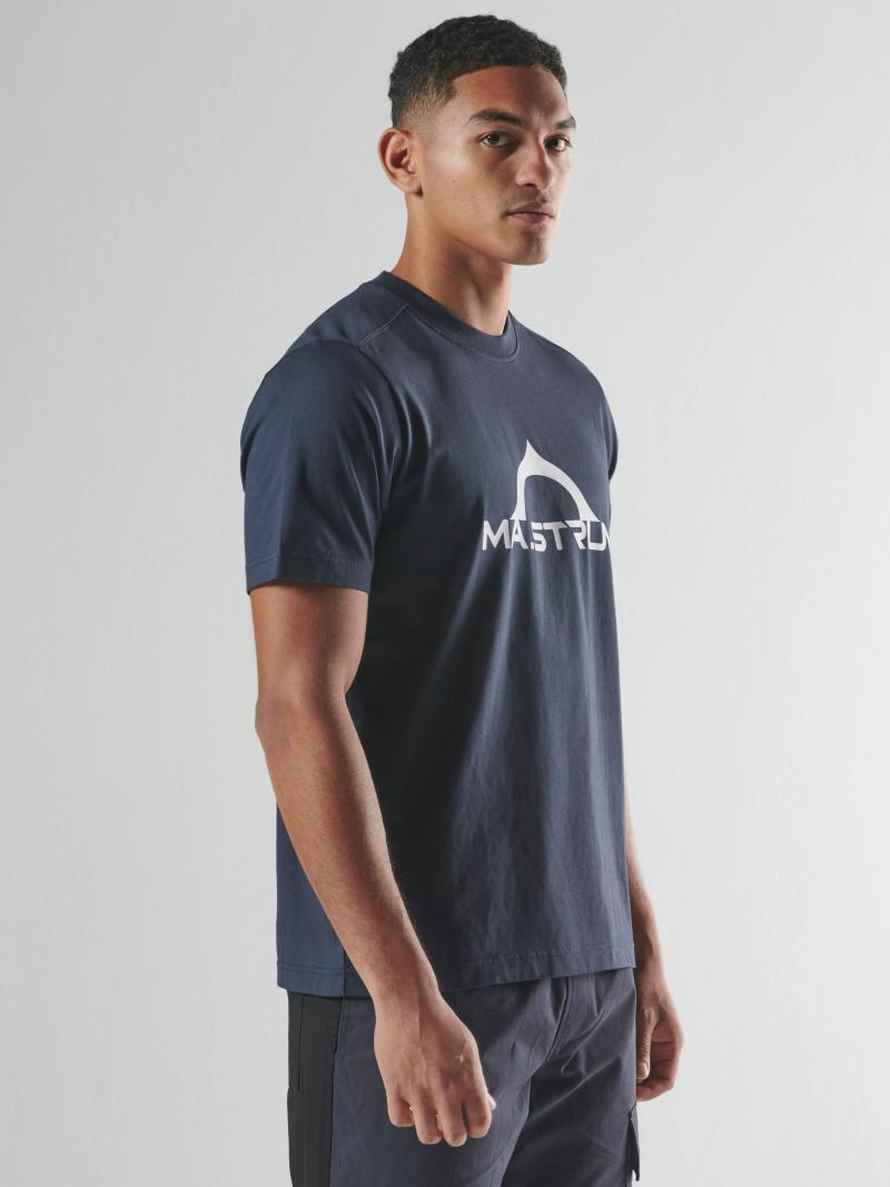 Navy MA.Strum Bora half compass print T-shirt with graphic design, casual fit, short sleeves, and round neckline.