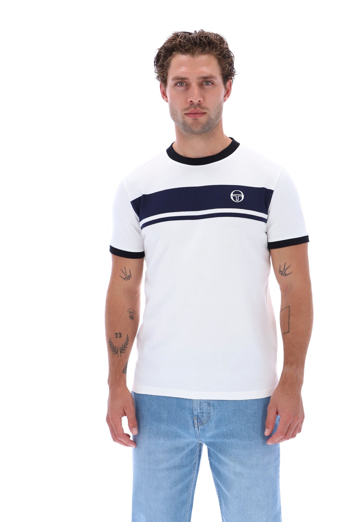 White Sergio Tacchini Masters T-Shirt with maritime blue and black accents, casual fit, soft cotton fabric.