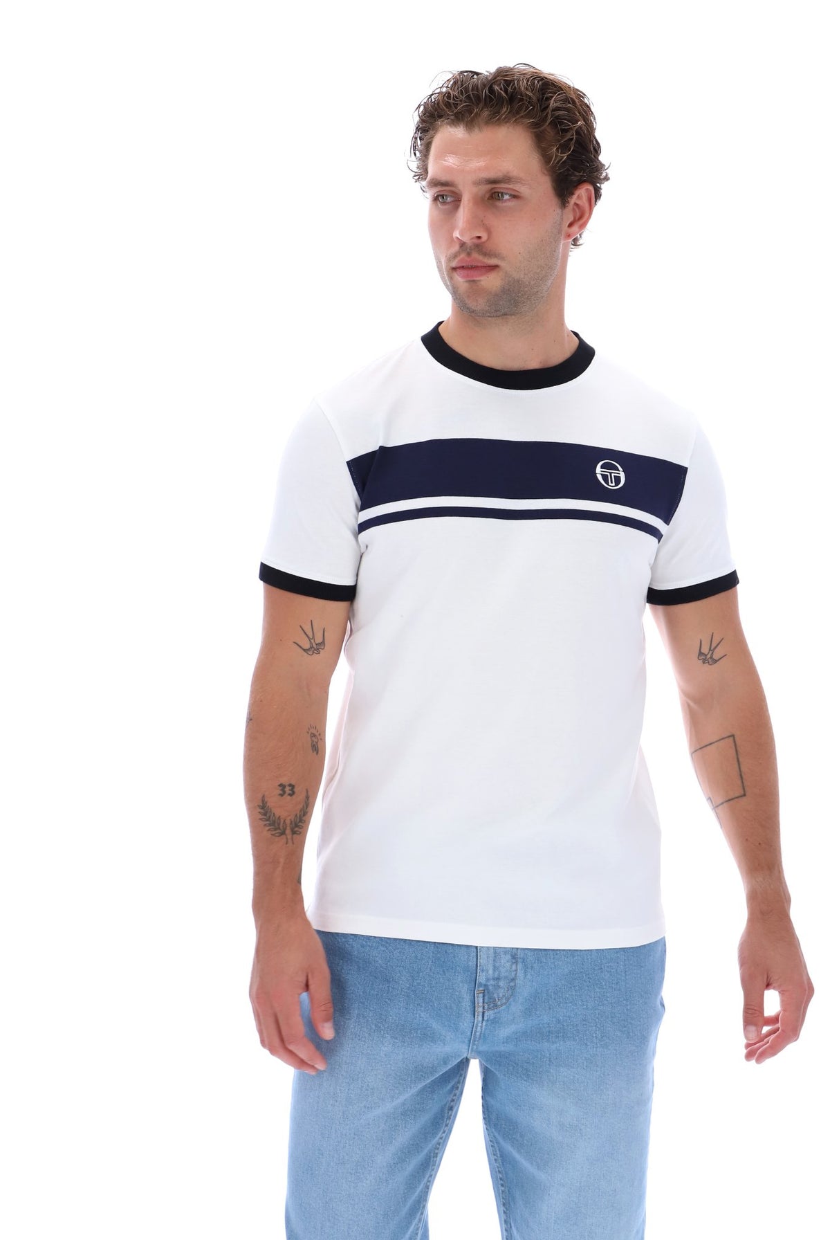 Sergio Tacchini Masters T-Shirt in white, maritime blue, and black, featuring a casual fit and bold branding design.