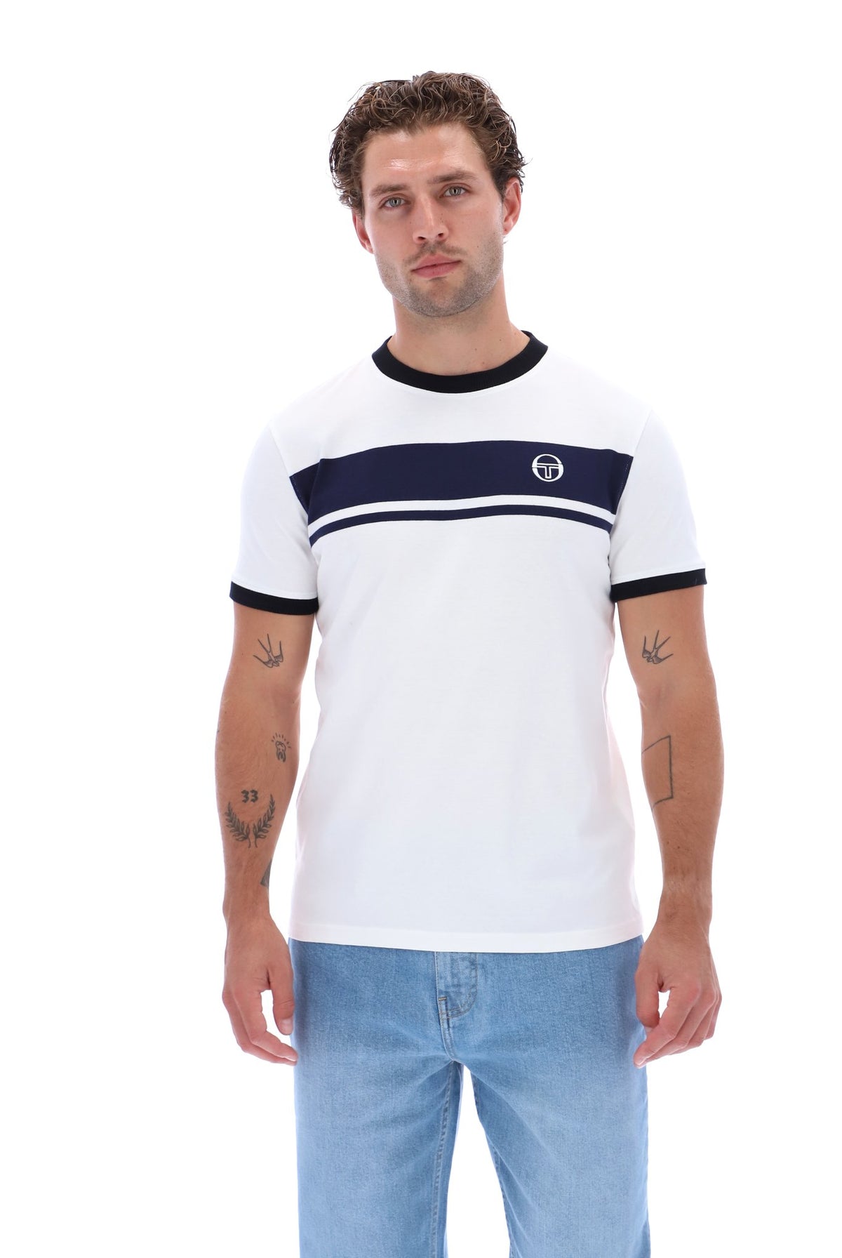 White and maritime blue Sergio Tacchini Masters T-Shirt with black accents, featuring a classic crew neck design.
