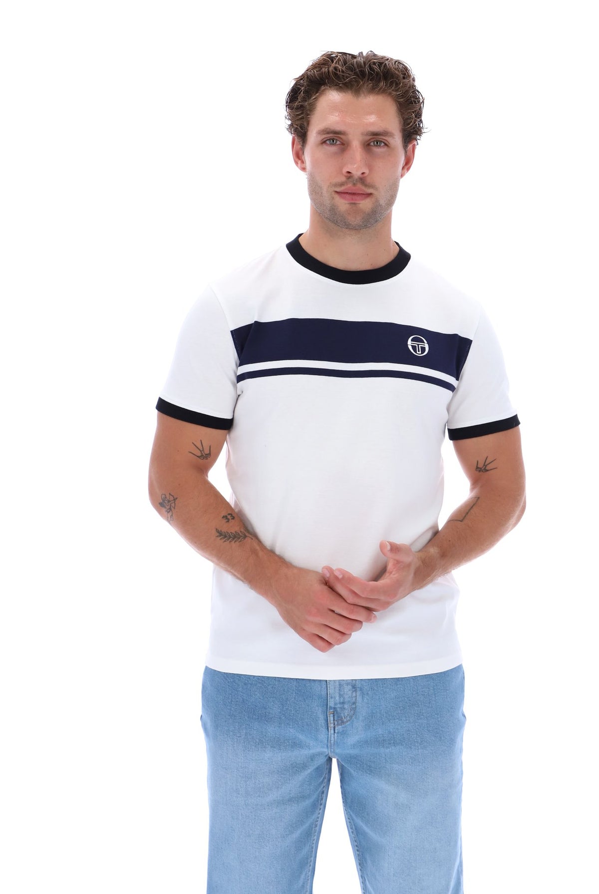 White and maritime blue Sergio Tacchini Masters T-Shirt with black accents, featuring a casual fit and brand logo on the front.