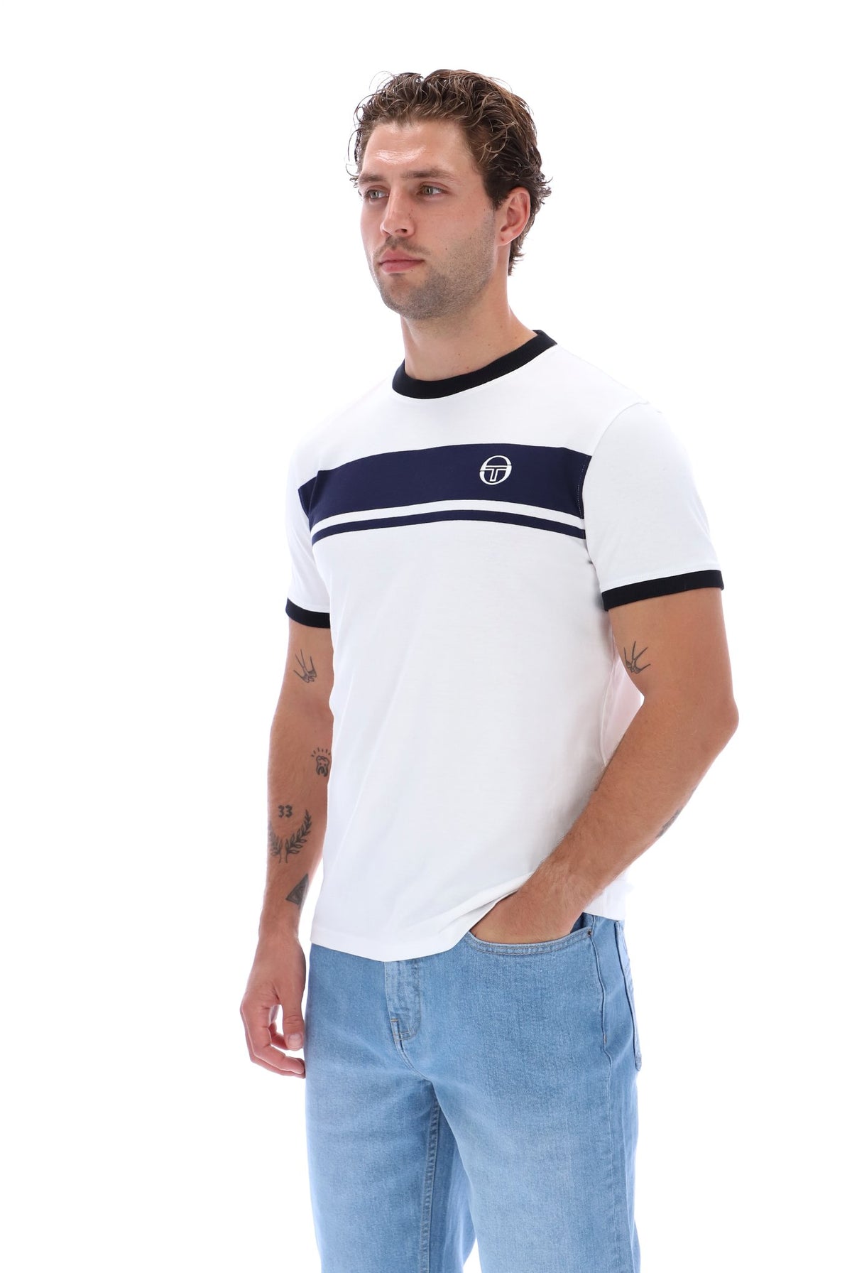 Sergio Tacchini Masters T-Shirt in white, maritime blue, and black with logo and color-block design on the front.