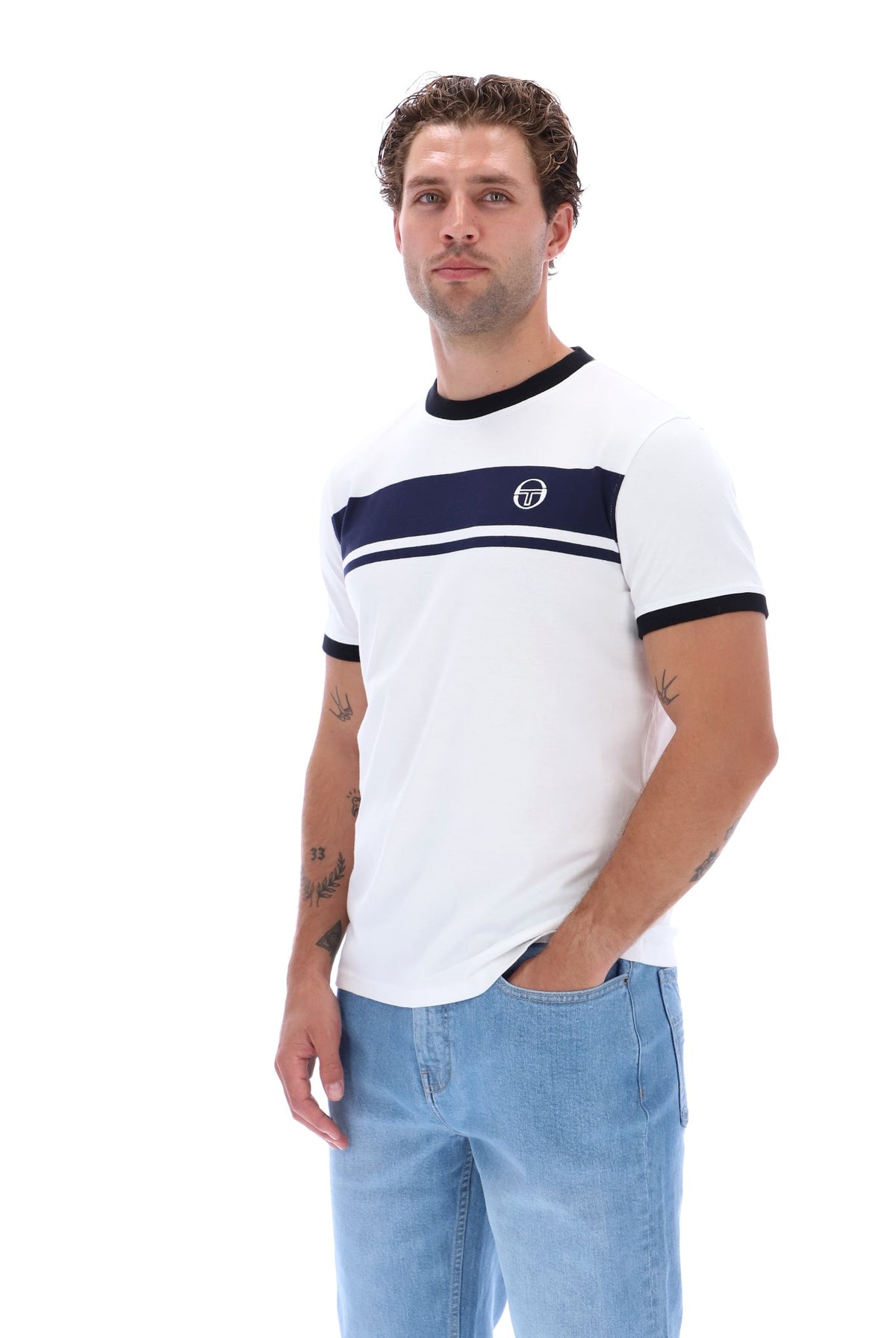 White and maritime blue Sergio Tacchini Masters T-Shirt with black accents, made of soft cotton fabric.