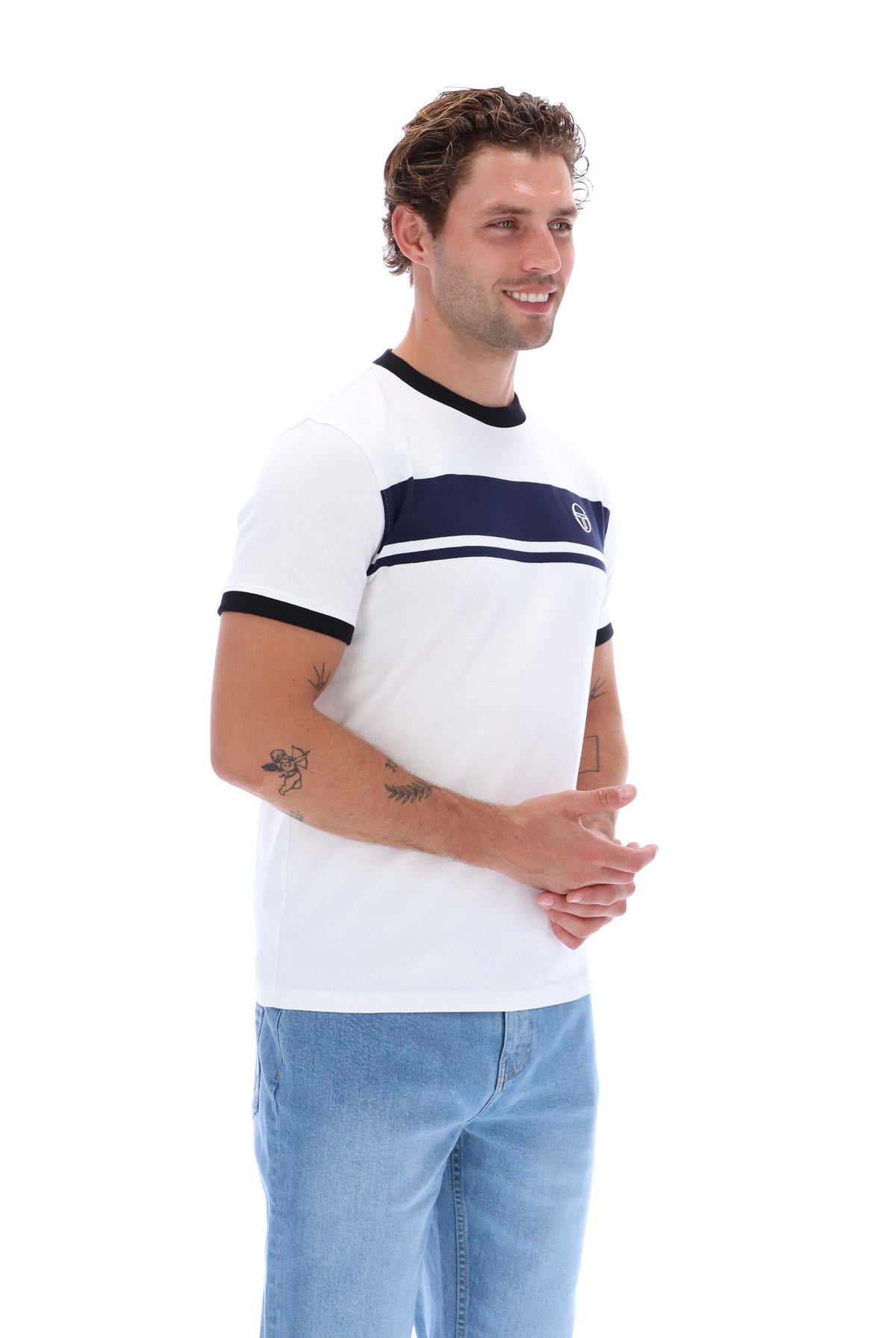 White and maritime blue Sergio Tacchini Masters T-Shirt with black accents, featuring a casual fit and brand logo.