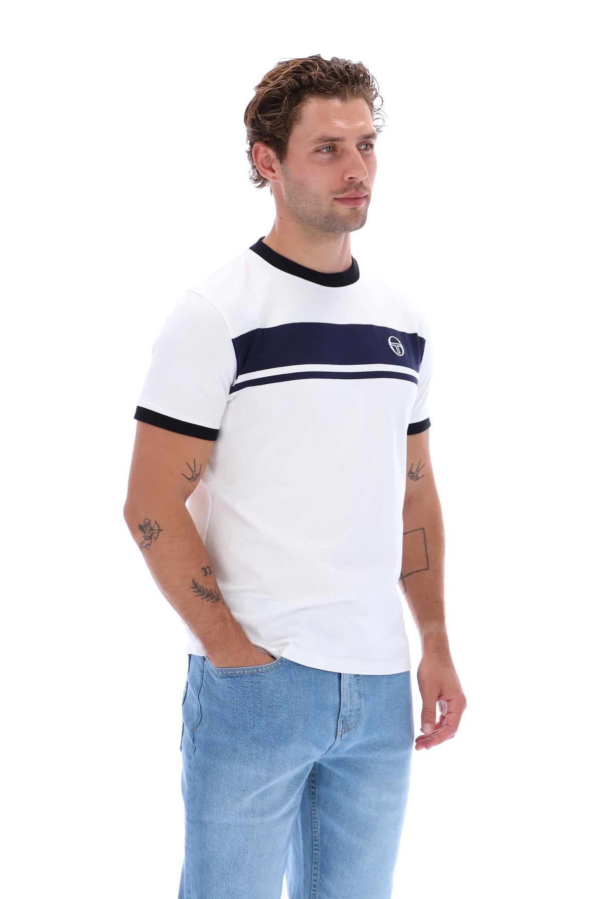 White Sergio Tacchini Masters T-Shirt with maritime blue and black accents, casual fit, classic logo design.