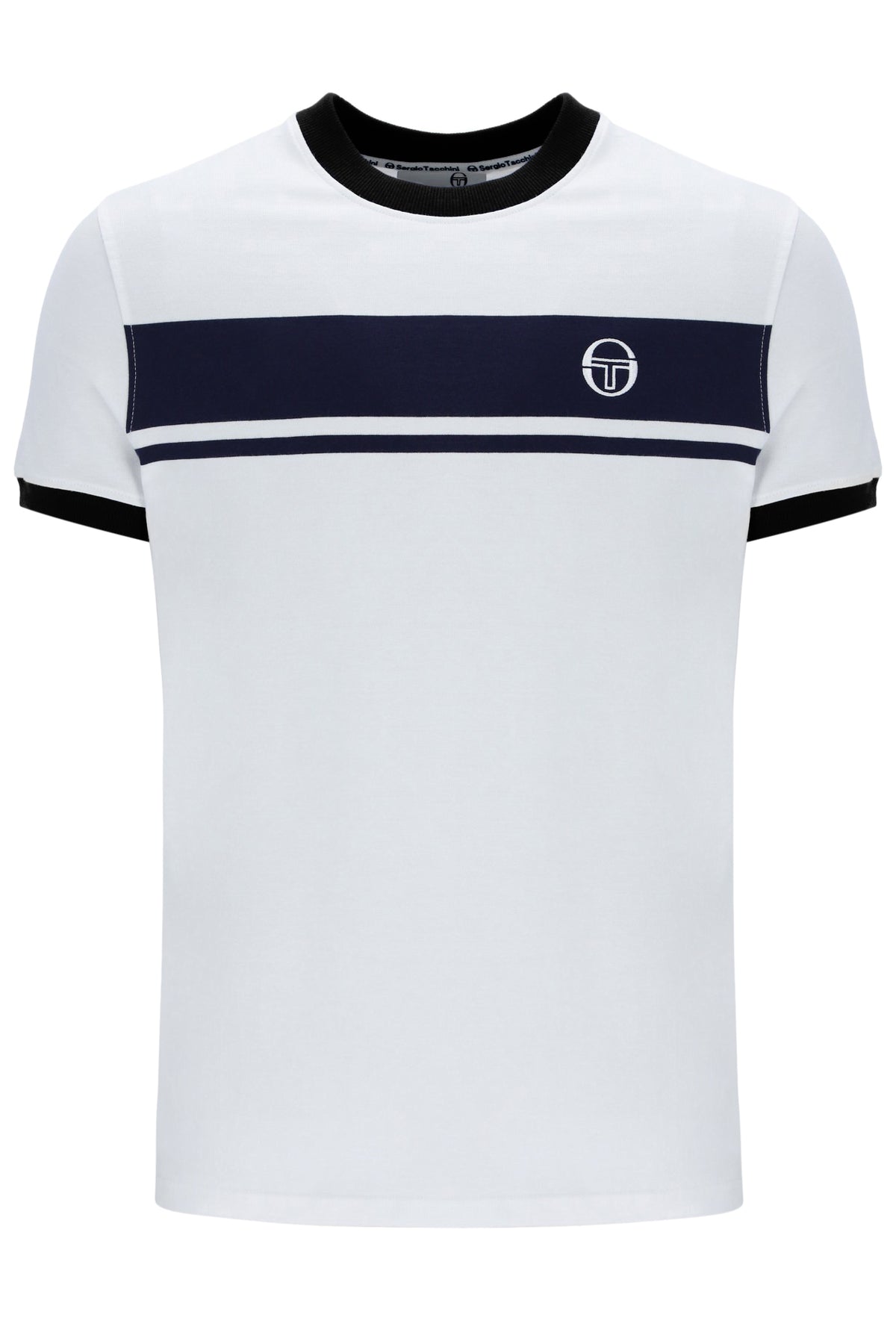 White Sergio Tacchini Masters T-Shirt with maritime blue and black accents, featuring a casual fit and classic styling.
