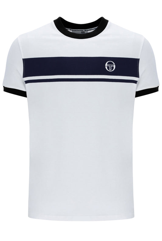 White Sergio Tacchini Masters T-Shirt with maritime blue and black accents, featuring a casual fit and classic styling.