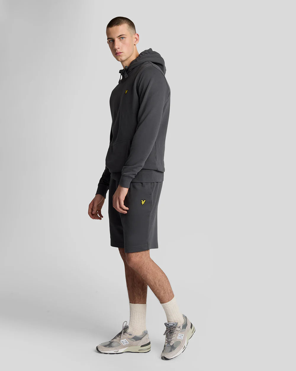Lyle & Scott cotton sweat shorts in gunmetal gray, featuring a relaxed fit and drawstring waistband, casual men's athletic wear