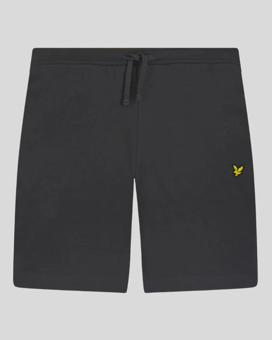 Lyle & Scott cotton sweat shorts in gunmetal gray, featuring a relaxed fit and elastic waistband, displayed on a hanger.