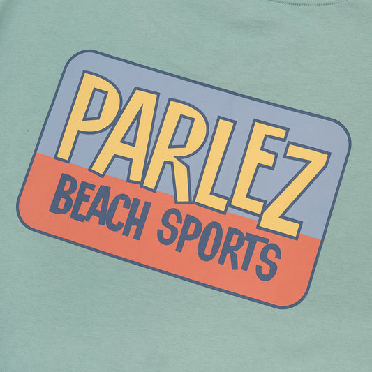 Parlez Myer T-Shirt in Mineral color, casual men's T-shirt with logo graphic, soft cotton fabric, worn by a model.