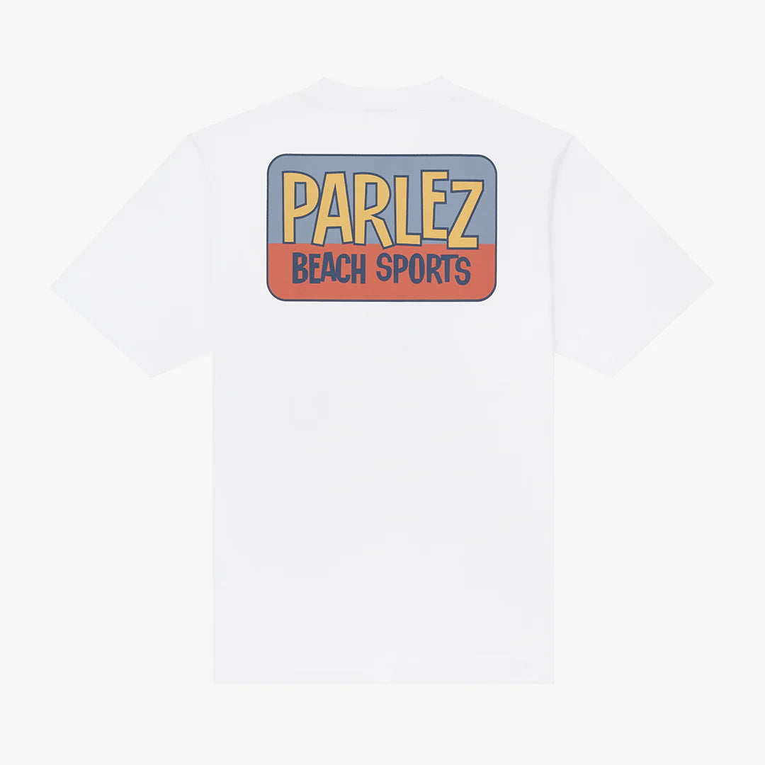 White Parlez Myer T-Shirt displaying a classic crew neck and relaxed fit, made from soft cotton fabric.