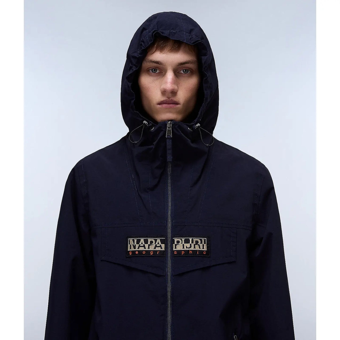 Napapijri Rainforest open Blu Marine jacket with hood, lightweight outdoor apparel, featuring vibrant blue color and functional design.