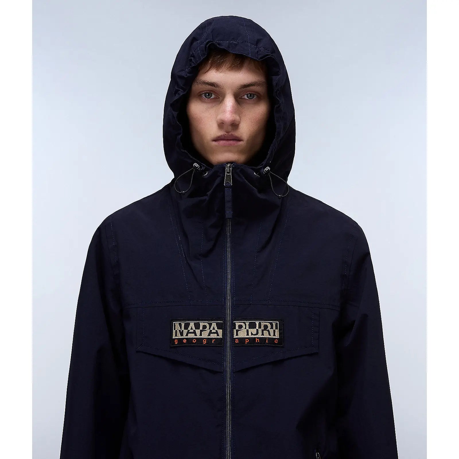 Napapijri Rainforest open Blu Marine jacket with hood, lightweight outdoor apparel, featuring vibrant blue color and functional design.