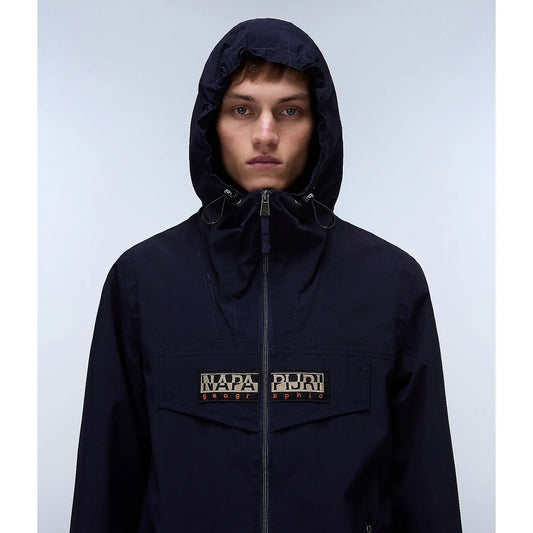 Napapijri Rainforest open Blu Marine jacket with hood, lightweight outdoor apparel, featuring vibrant blue color and functional design.
