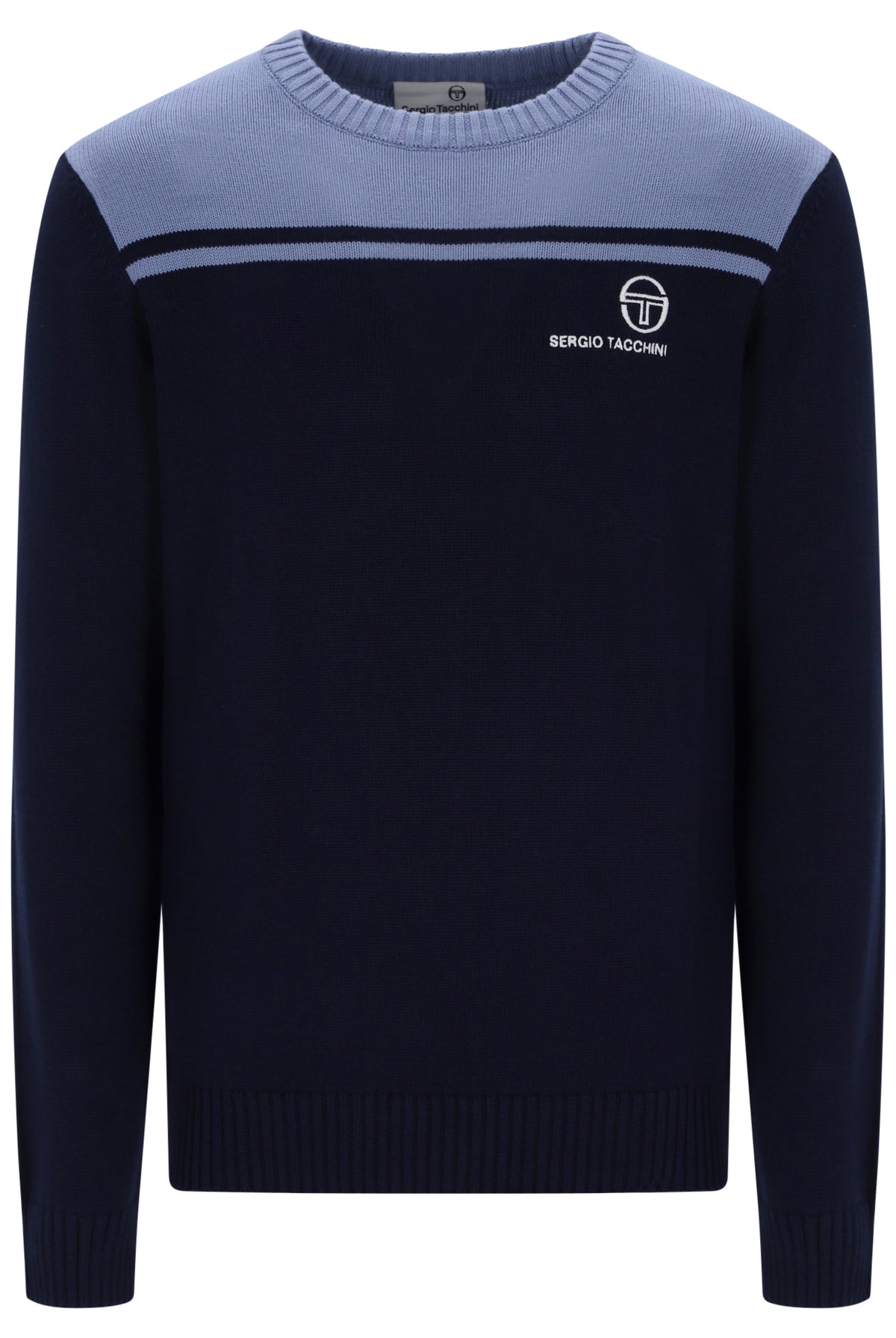 Sergio Tacchini New Young Line crewneck knitted jumper in maritime blue and country blue, featuring a soft, knitted texture.