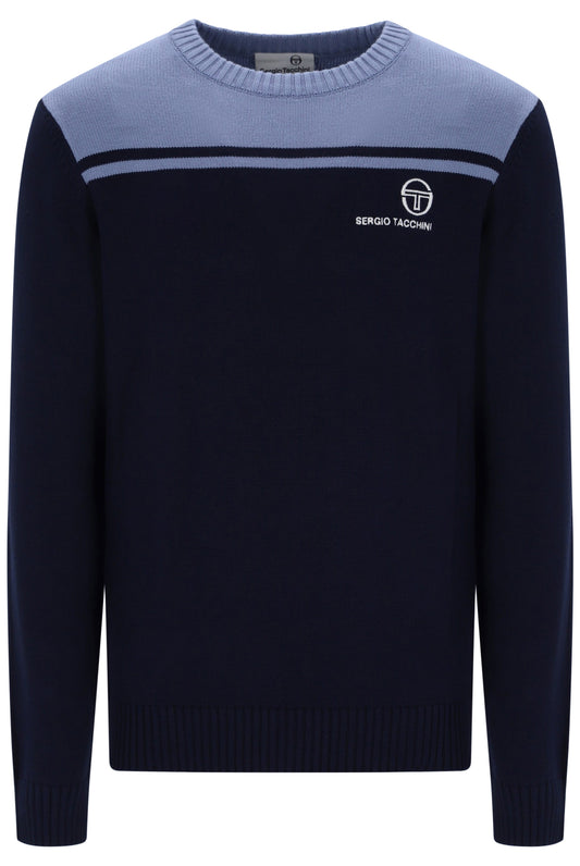 Sergio Tacchini New Young Line crewneck knitted jumper in maritime blue and country blue, featuring a soft, knitted texture.