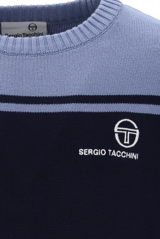 Sergio Tacchini navy blue crewneck knitted jumper from the New Young Line, featuring a textured knit pattern and ribbed cuffs.