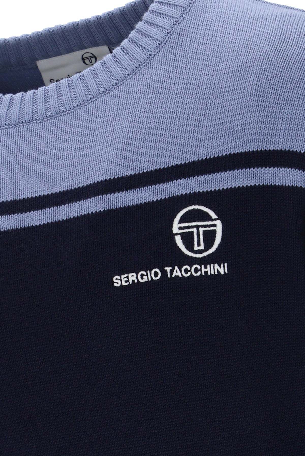 Sergio Tacchini New Young Line knitted crewneck jumper in maritime blue and country blue, showcasing the blue knitted knitwear.