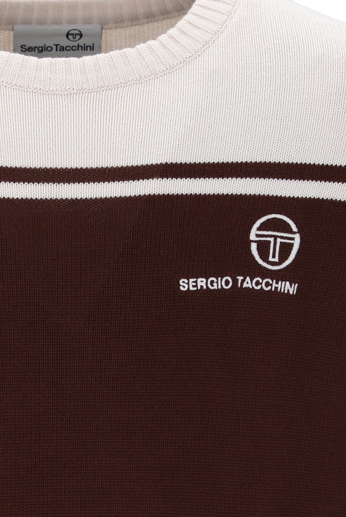 Sergio Tacchini New Young Line crewneck knitted jumper in Potting Soil and Gardenia colors, featuring a comfortable knitwear design.