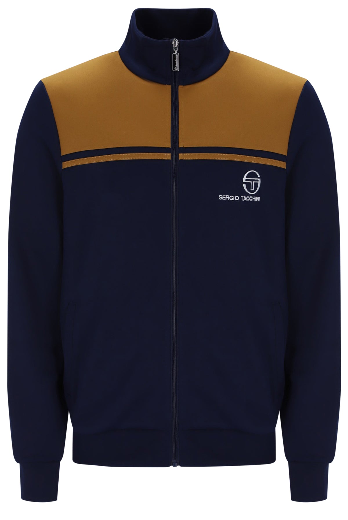 Sergio Tacchini New Young Line track top in maritime blue and golden brown with front zipper and sporty design.