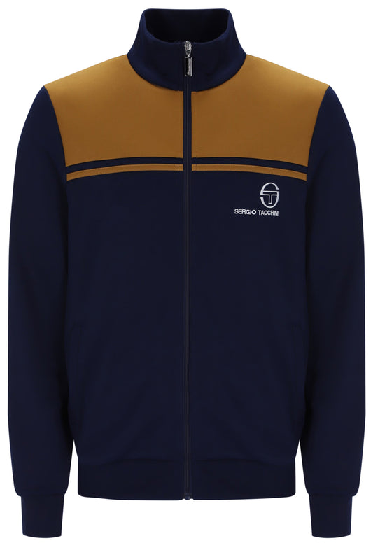 Sergio Tacchini New Young Line track top in maritime blue and golden brown with front zipper and sporty design.