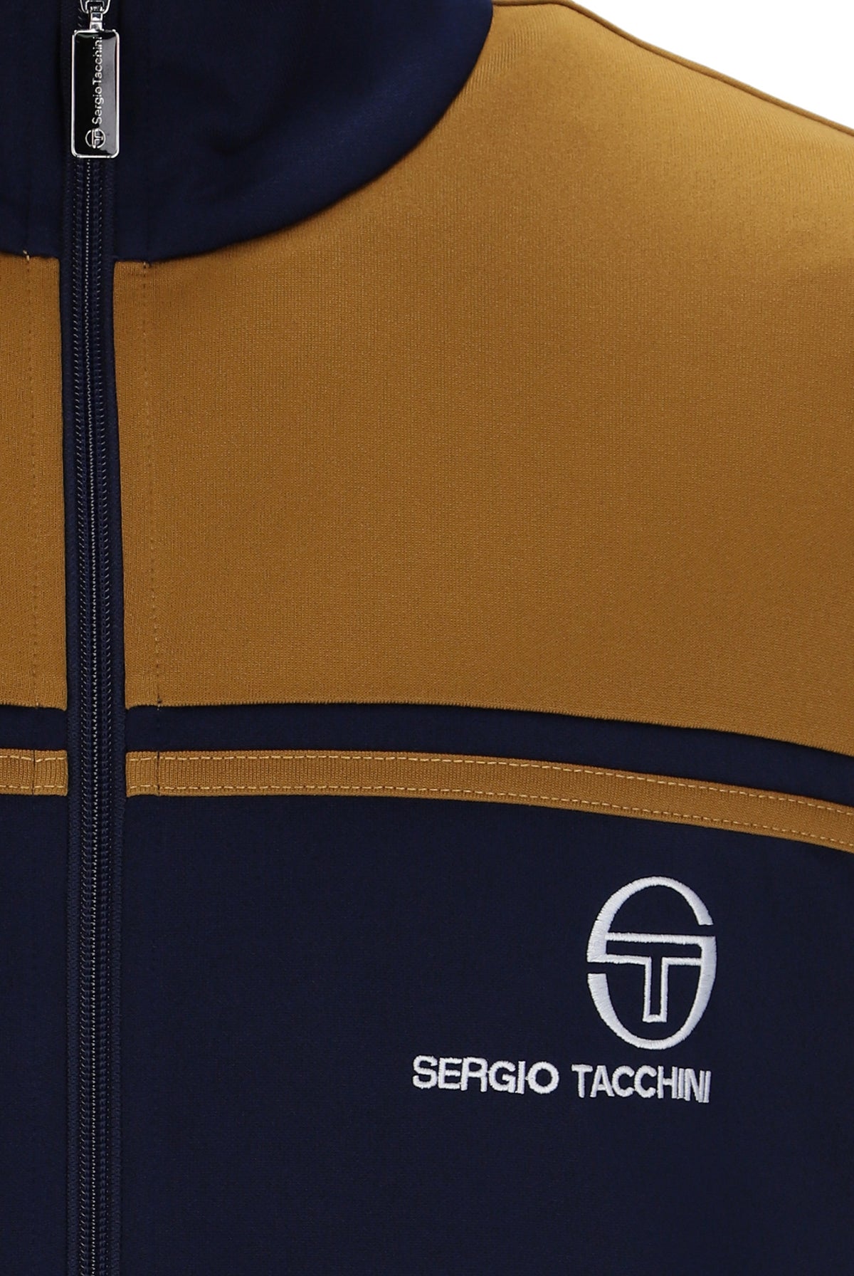 Sergio Tacchini New Young Line track top in maritime blue and golden brown, featuring a sporty design and full zip front.