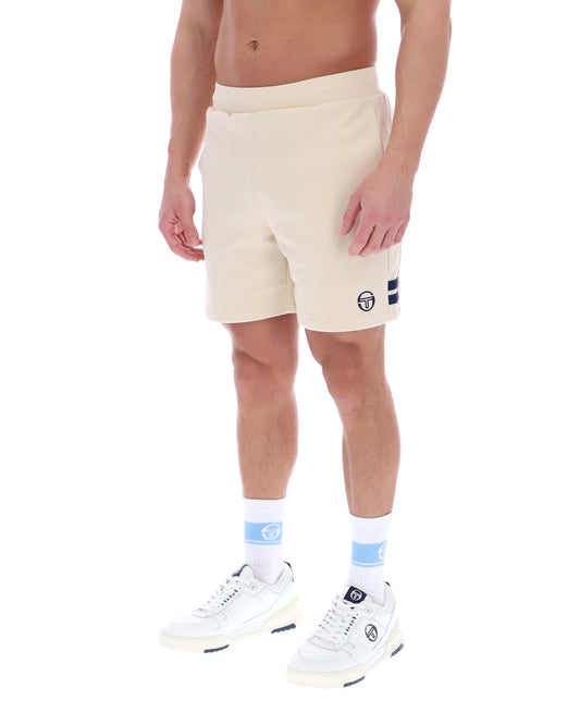 Sergio Tacchini New Orion Shorts in Sandshell and Maritime Blue, lightweight athletic shorts with a modern fit and branding details.