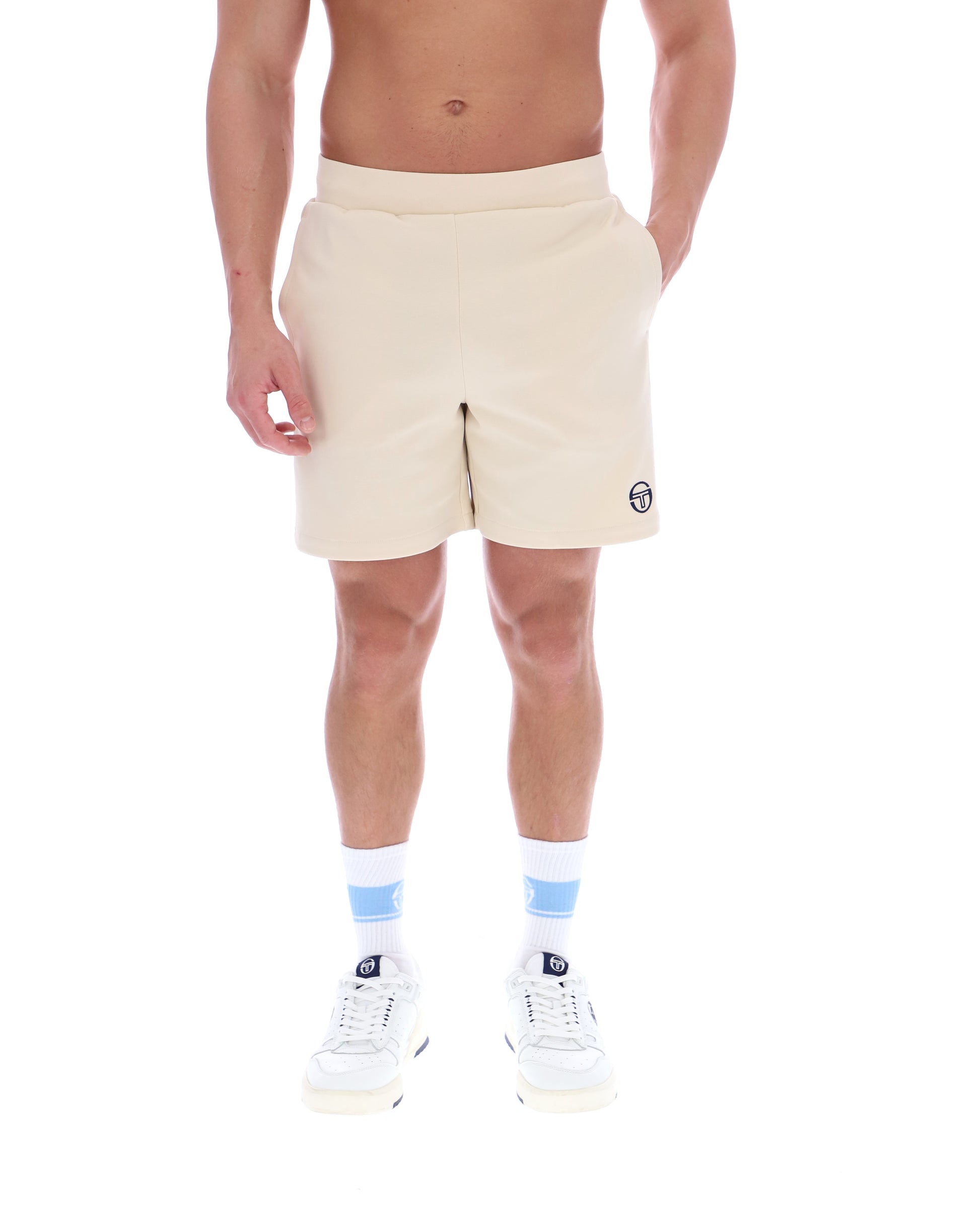 Sergio Tacchini New Orion shorts in sandshell and maritime blue, featuring a sporty design and adjustable waistband.