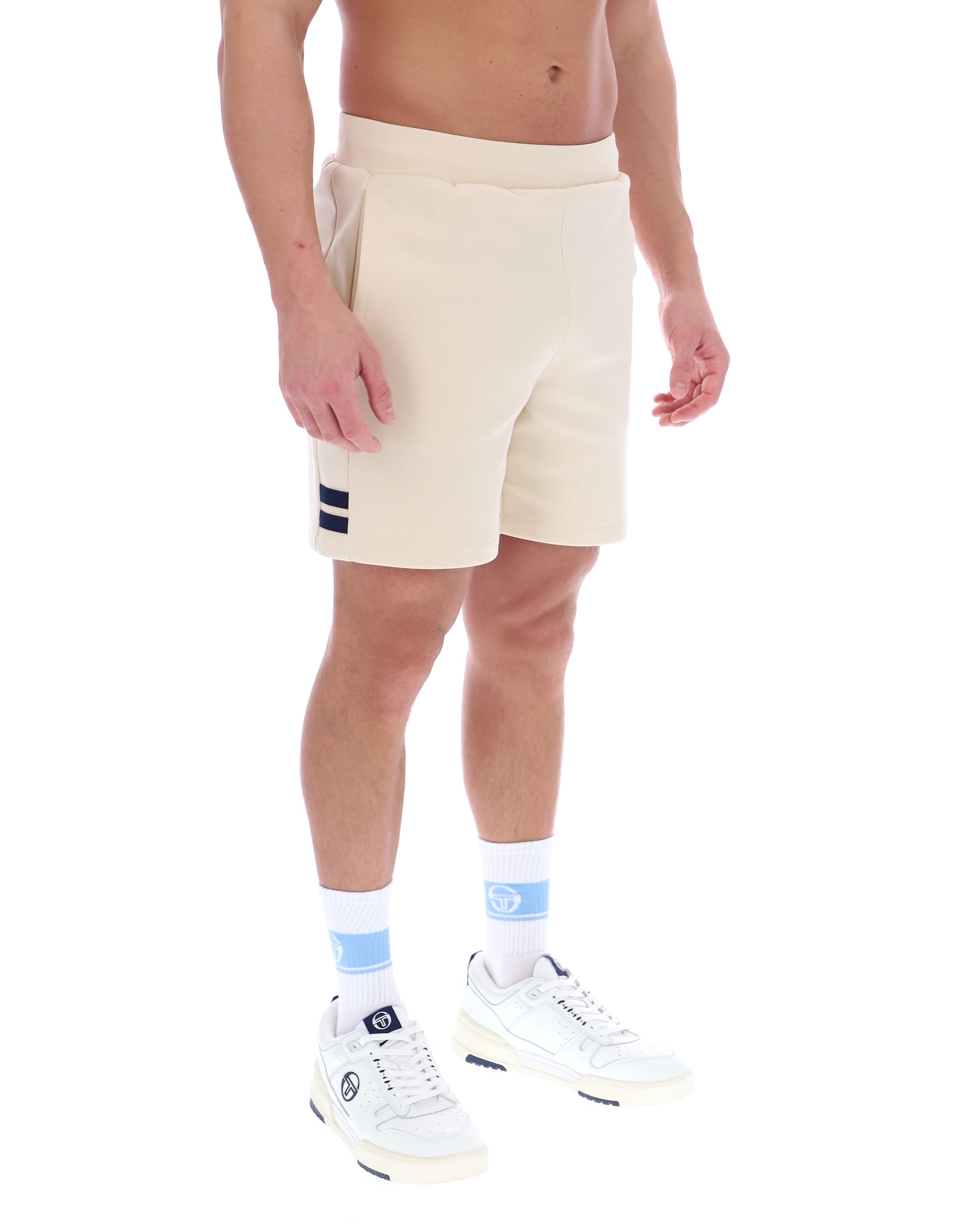 Sergio Tacchini New Orion shorts in sandshell and maritime blue, lightweight athletic shorts with a sporty design.