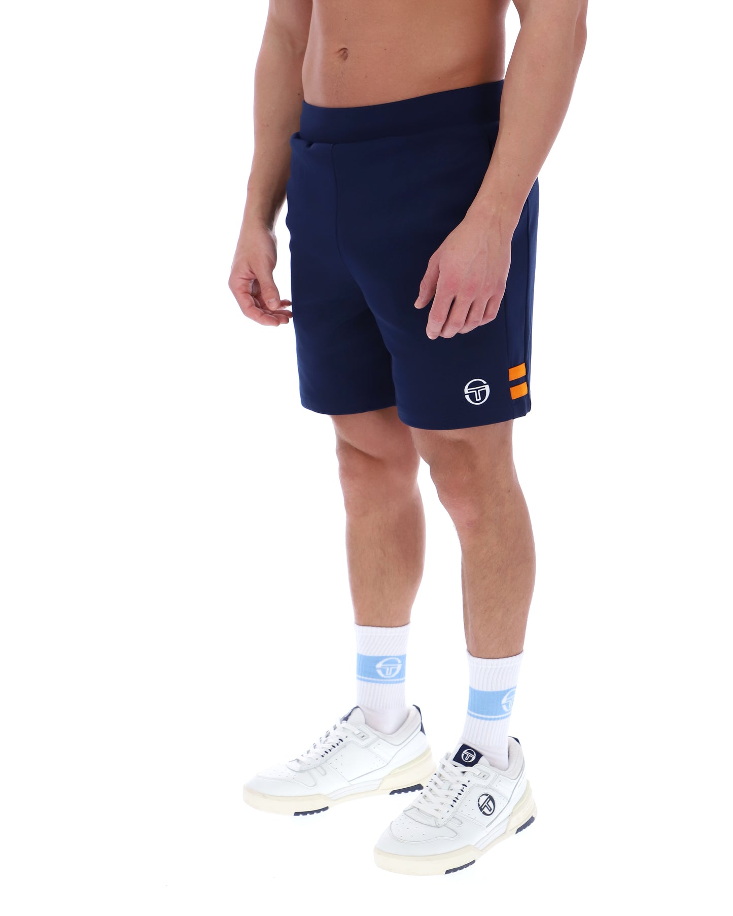 Sergio Tacchini New Orion shorts in maritime blue and orange pepper, stylish athletic shorts with a vibrant color combo.