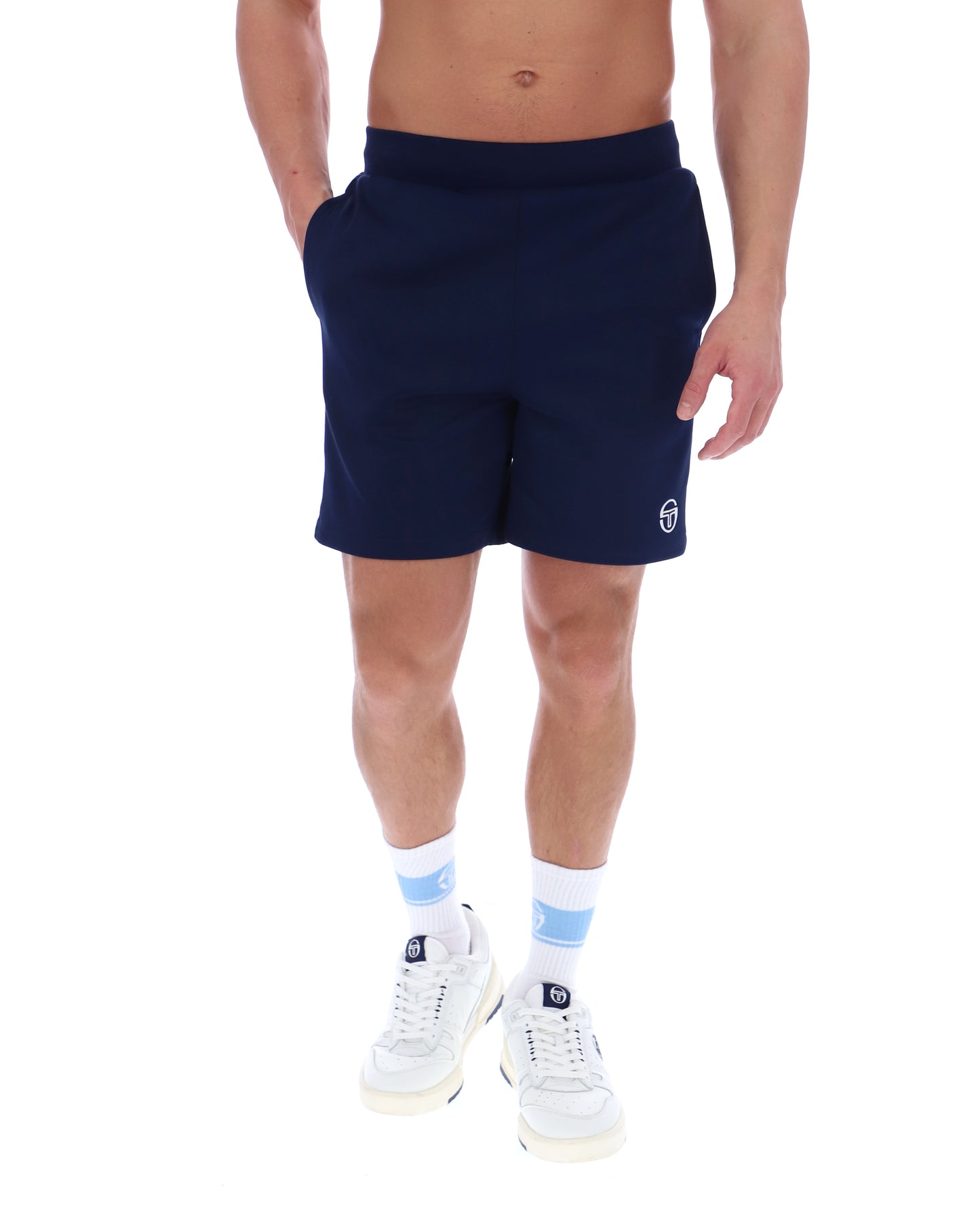 Sergio Tacchini New Orion shorts in maritime blue and orange pepper, featuring a sporty design and comfortable fit.