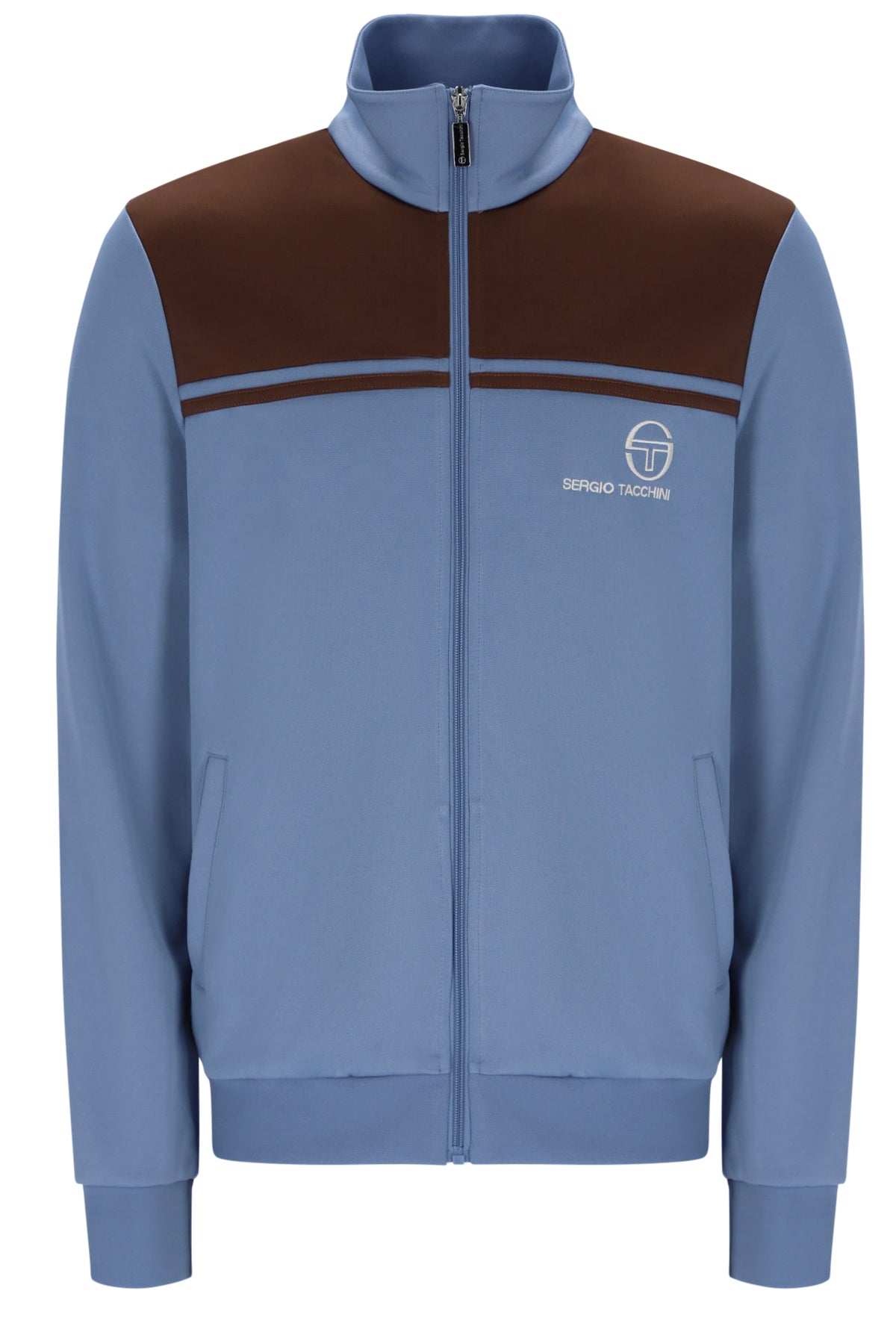 Sergio Tacchini New Young Line track top in country blue and potting soil, with sporty design and zip-up front.
