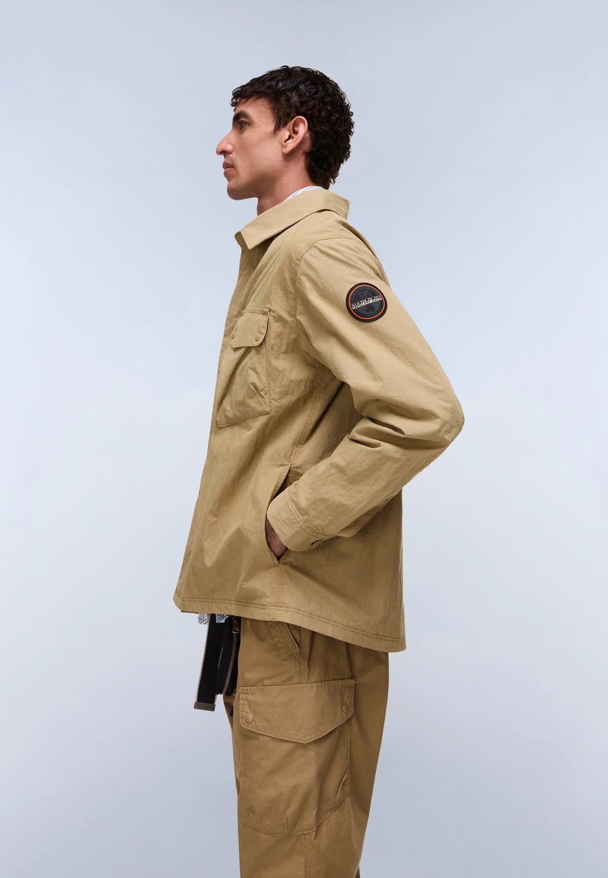Napapijri Leoras overshirt in brown, casual over shirt with a button-front design and relaxed fit, made from soft fabric.