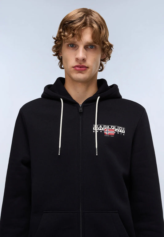 Black Napapijri B-Aylmer zip hood sweatshirt shown on a hanger, featuring a front zipper and casual fit.