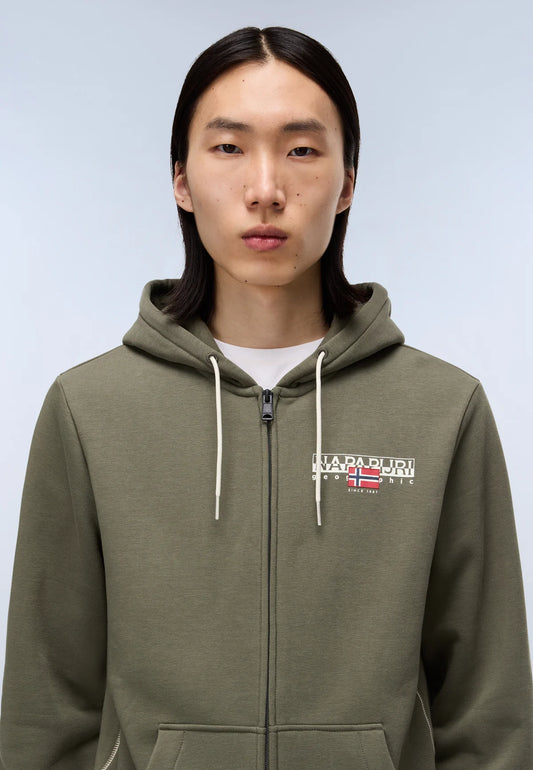 Napapijri B-Aylmer zip hooded sweatshirt in tea leaf color, showcasing the hood and front zip detail.