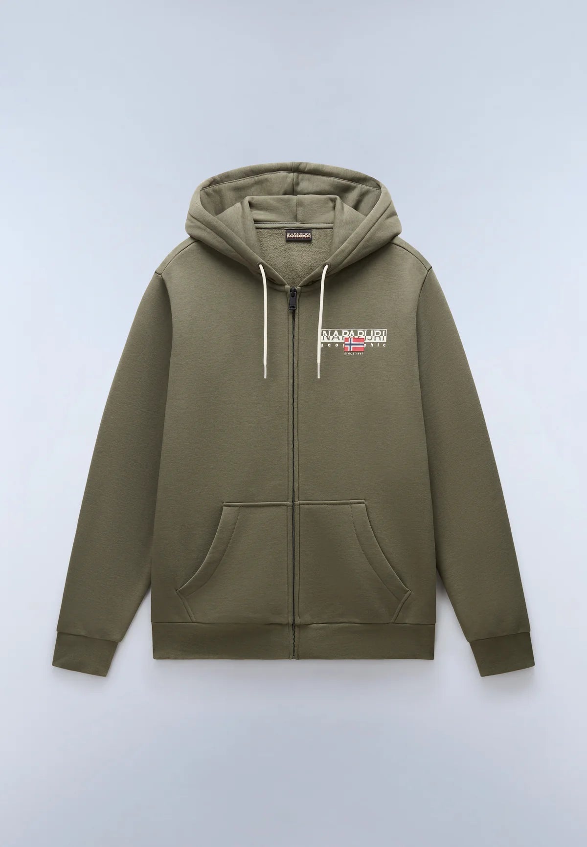 Napapijri B-Aylmer zip hood sweatshirt in tea leaf color, featuring a hood, zipper front, and casual fit.