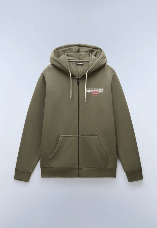 Napapijri B-Aylmer zip hood sweatshirt in tea leaf color, featuring a hood, zipper front, and casual fit.
