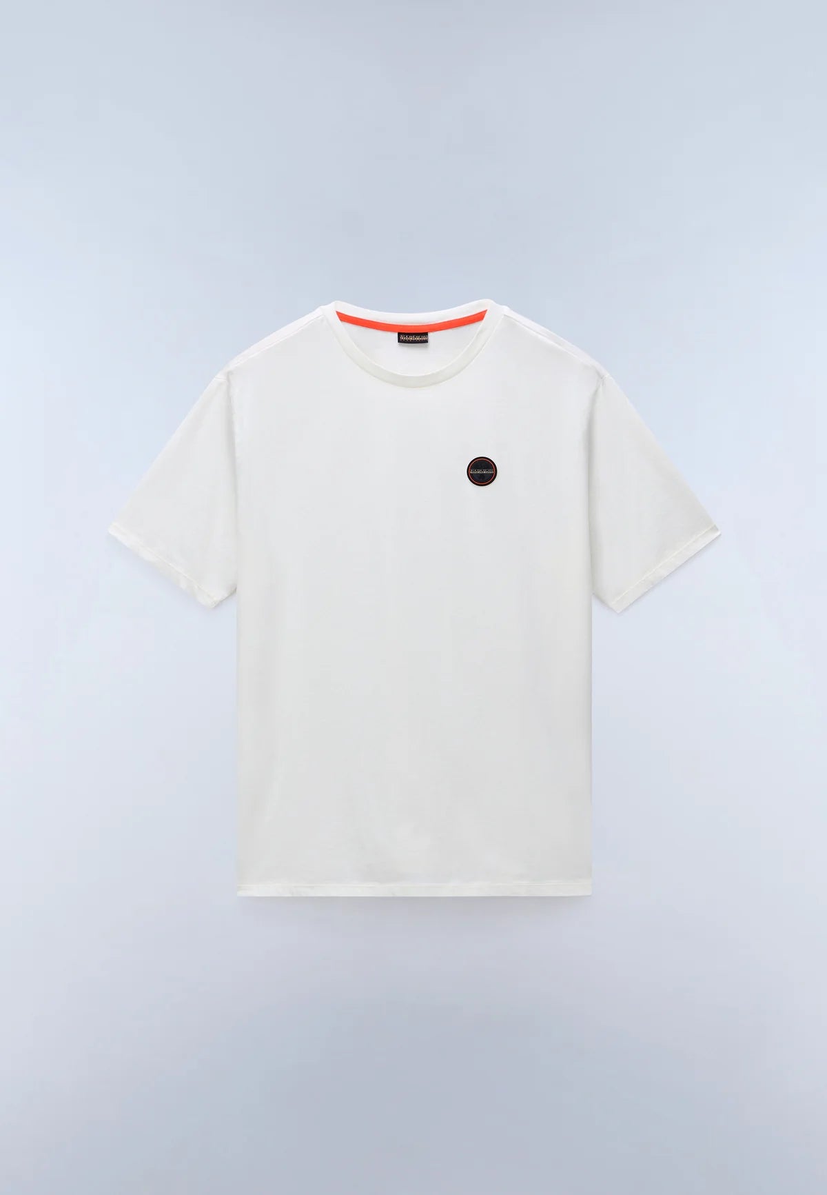 White Napapijri S-Badge T-shirt with logo patch on chest, casual fit, soft cotton fabric, shown on a plain background.