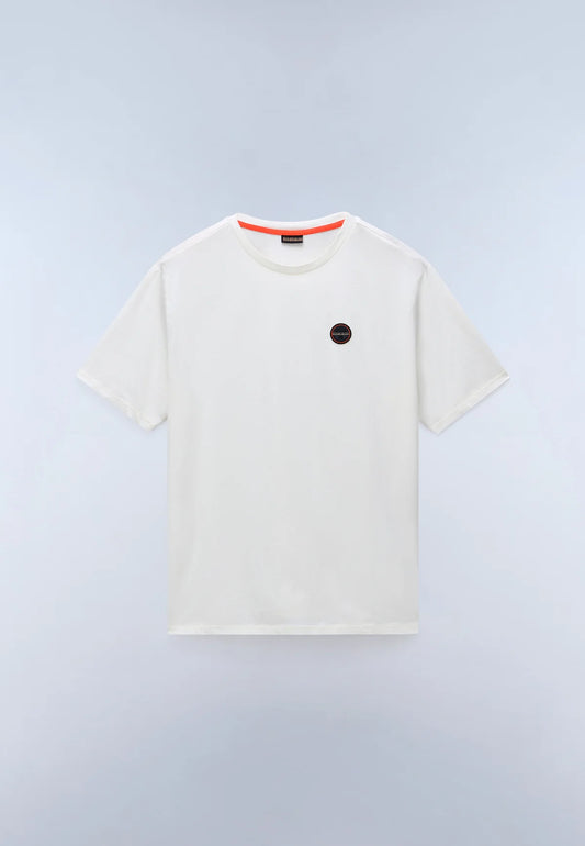 White Napapijri S-Badge T-shirt with logo patch on chest, casual fit, soft cotton fabric, shown on a plain background.