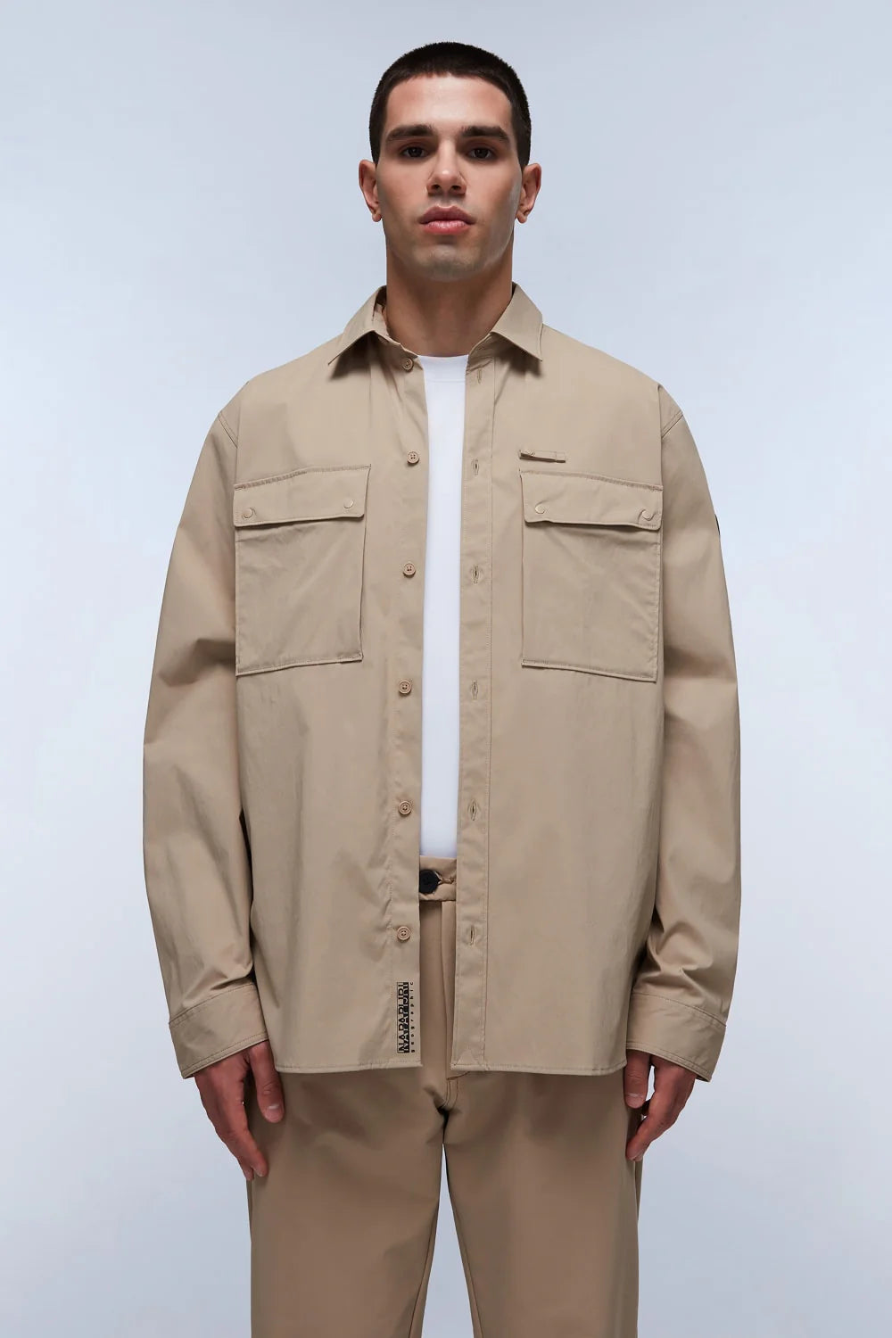 Beige Napapijri G-Bosson overshirt with button-up front and chest pockets, stylish over shirt for casual wear.