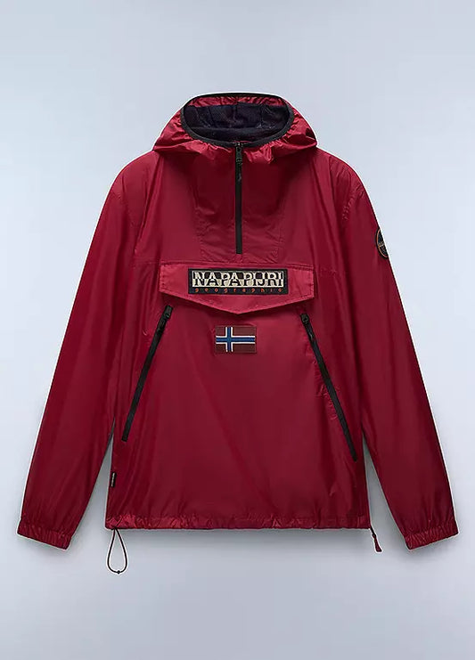Napapijri Rainforest beige Tibetan red jacket with windbreak design, featuring front pockets and lightweight outdoor style.