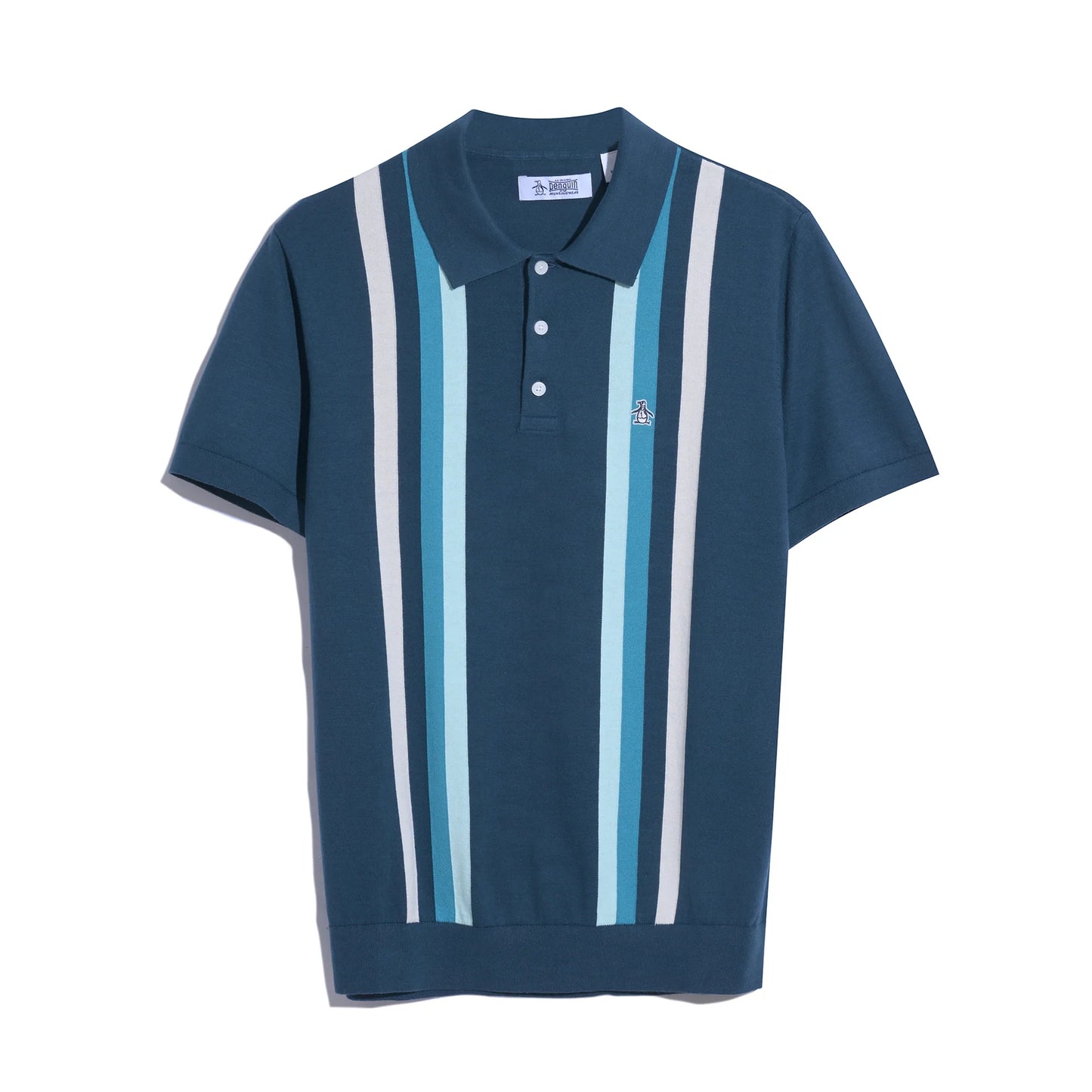 Original Penguin Vertical Stripe Sweater Polo Shirt In Blue Wing Teal