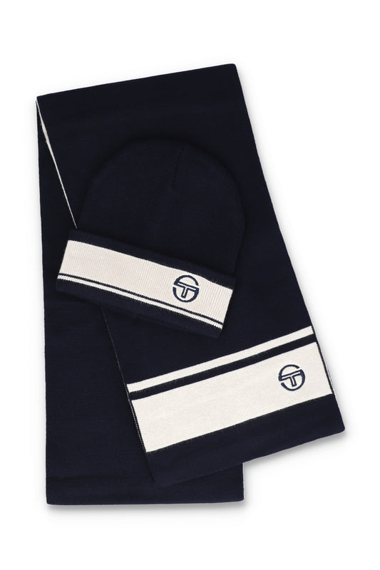 Sergio Tacchini Originale beanie and scarf box set in maritime blue and gardenia, featuring knit textures and branded details.