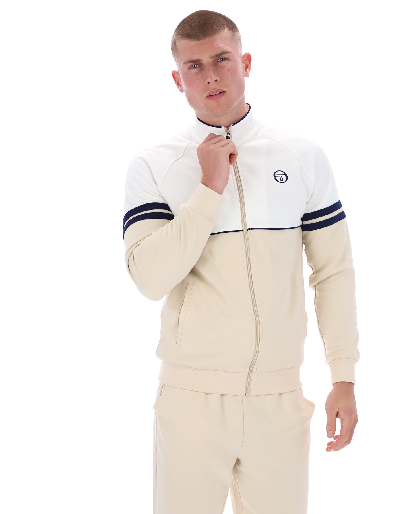Sergio Tacchini Orion track top in gardenia, sandshell, and maritime blue, with a sporty design and zip-up front.