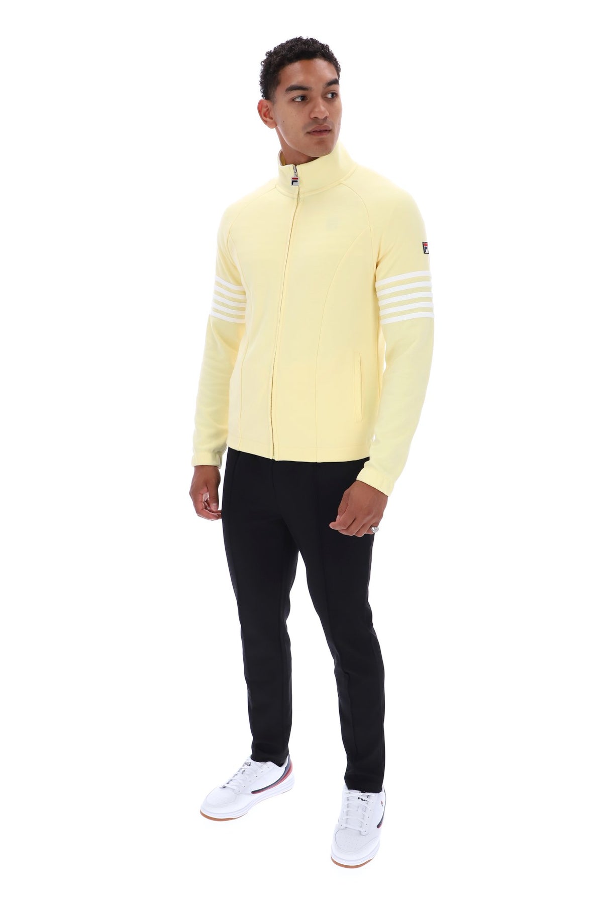 Fila Vintage Patrice track top in double cream and white with 5 colorful stripes, featuring a classic cut and sew design.