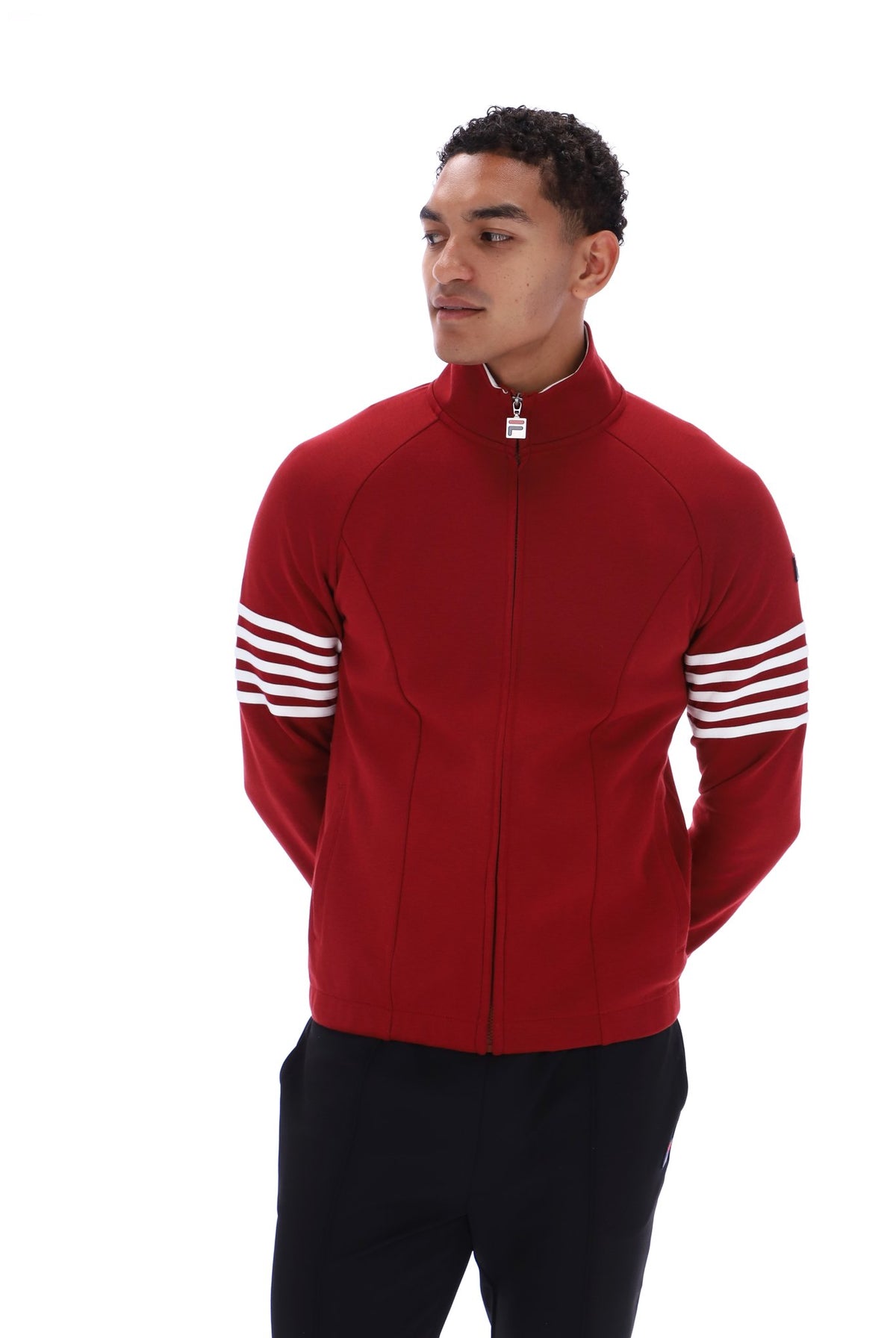 Fila Vintage Patrice cut and sew 5 stripe track top in deep red and white, featuring retro design and sporty style.