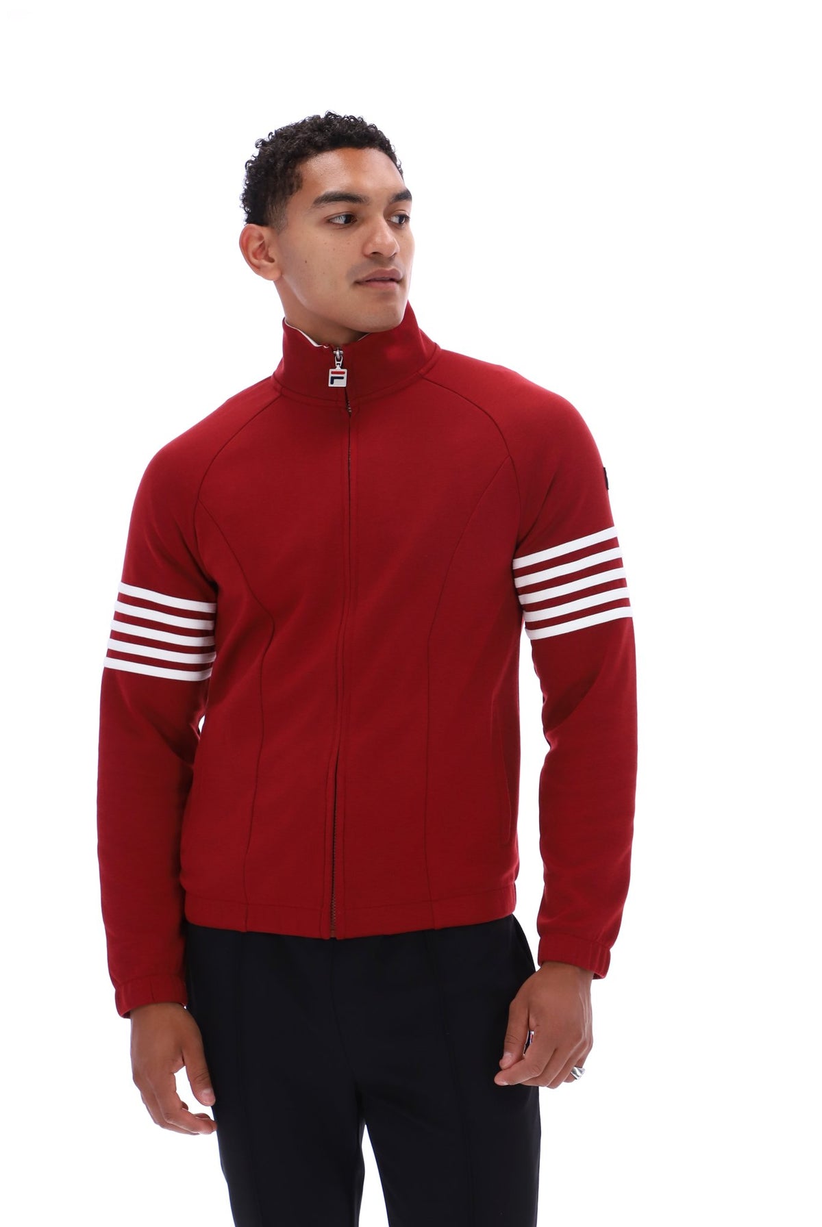 Fila Vintage Patrice cut and sew 5 stripe track top in deep red and white, featuring classic sporty design and bold color blocking.