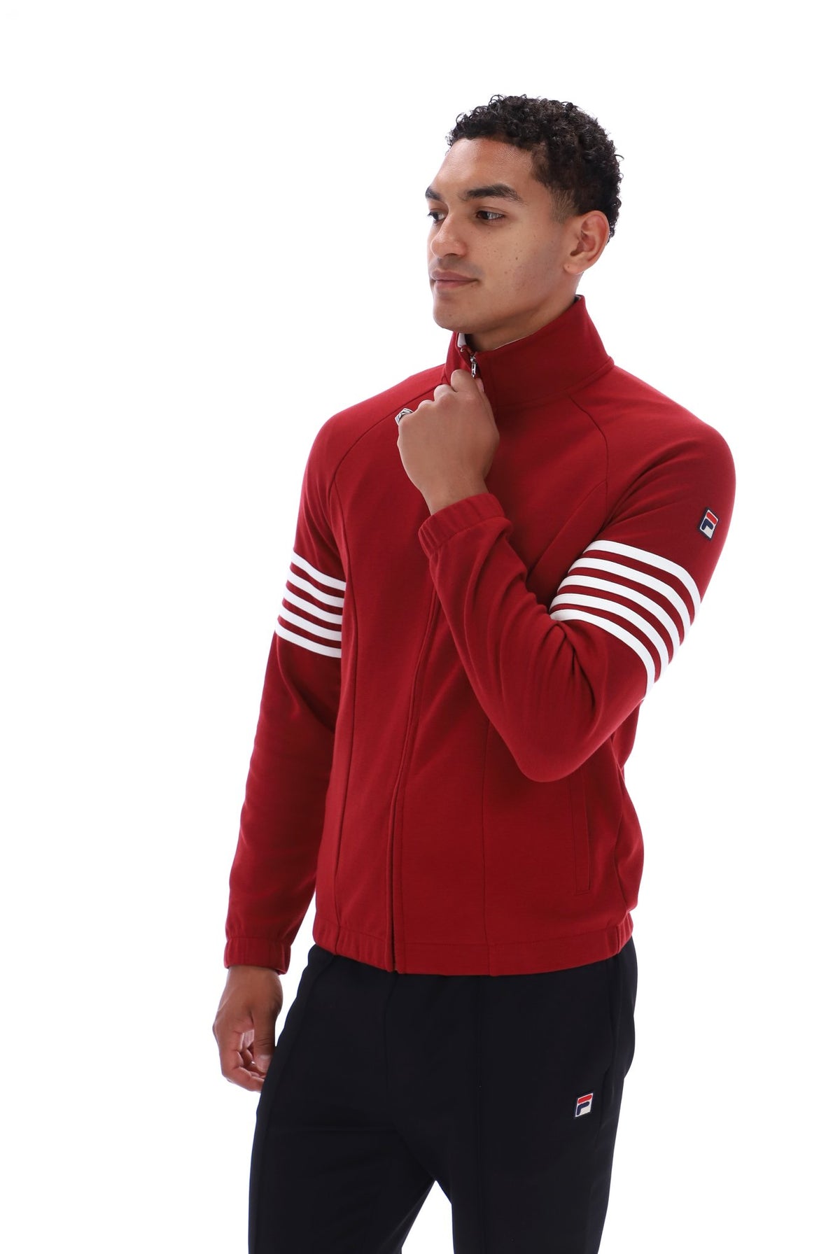 Fila Vintage Patrice cut and sew 5 stripe track top in deep red and white, featuring a classic sporty design.